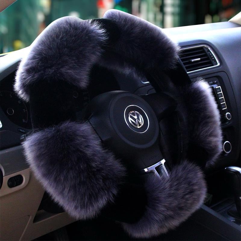 Luxury Long Fur Wool Winter Warmers Car Steering Wheel Covers Automobile Handle Sleeves 15 Inch 38CM - Black Grey