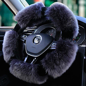 Luxury Long Fur Wool Winter Warmers Car Steering Wheel Covers Automobile Handle Sleeves 15 Inch 38CM - Black Grey