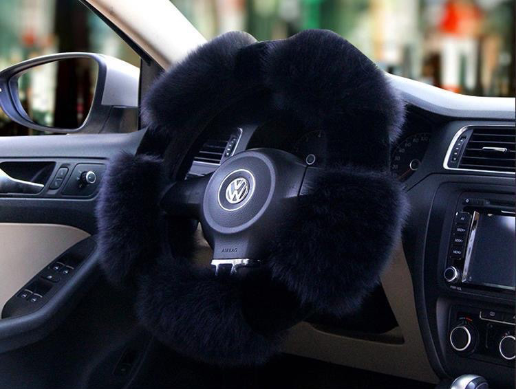 Luxury Long Fur Wool Winter Warmers Car Steering Wheel Covers Automobile Handle Sleeves 15 Inch 38CM - Black