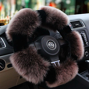 Luxury Long Fur Wool Winter Warmers Car Steering Wheel Covers Automobile Handle Sleeves 15 Inch 38CM - Brown