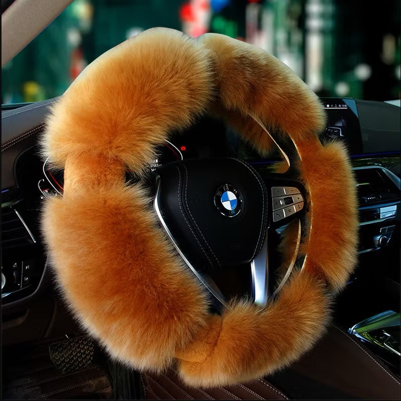 Luxury Long Fur Wool Winter Warmers Car Steering Wheel Covers Automobile Handle Sleeves 15 Inch 38CM - Gold