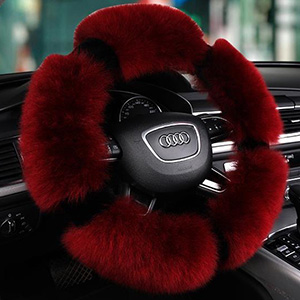 Luxury Long Fur Wool Winter Warmers Car Steering Wheel Covers Automobile Handle Sleeves 15 Inch 38CM - Red