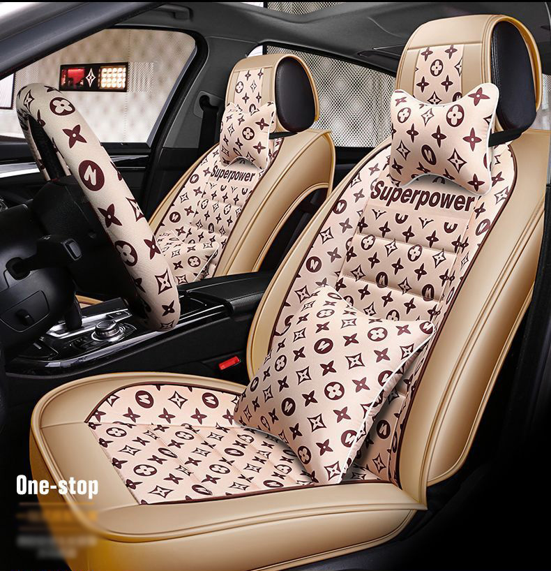Luxury PU Leather Superpower Car Seat Covers Universal Pads Automobile Seat Cushions Pillows 11pcs - Beige