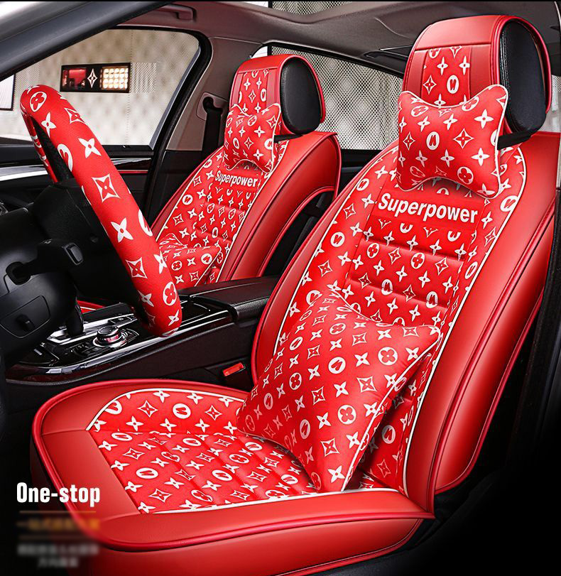 Luxury PU Leather Superpower Car Seat Covers Universal Pads Automobile Seat Cushions Pillows 11pcs - Red