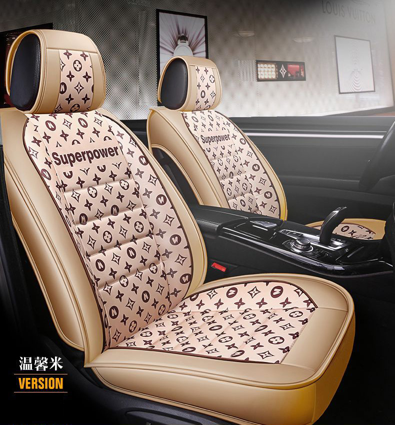 Luxury PU Leather Superpower Car Seat Covers Universal Pads Automobile Seat Cushions Pillows 6pcs - Beige