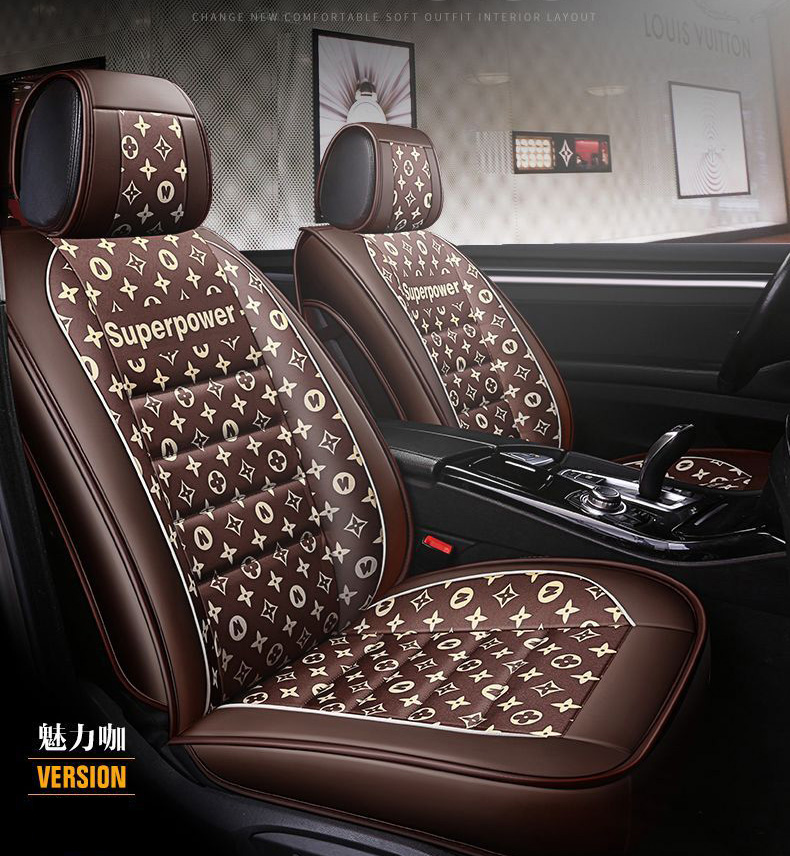 Luxury PU Leather Superpower Car Seat Covers Universal Pads Automobile Seat Cushions Pillows 6pcs - Coffee
