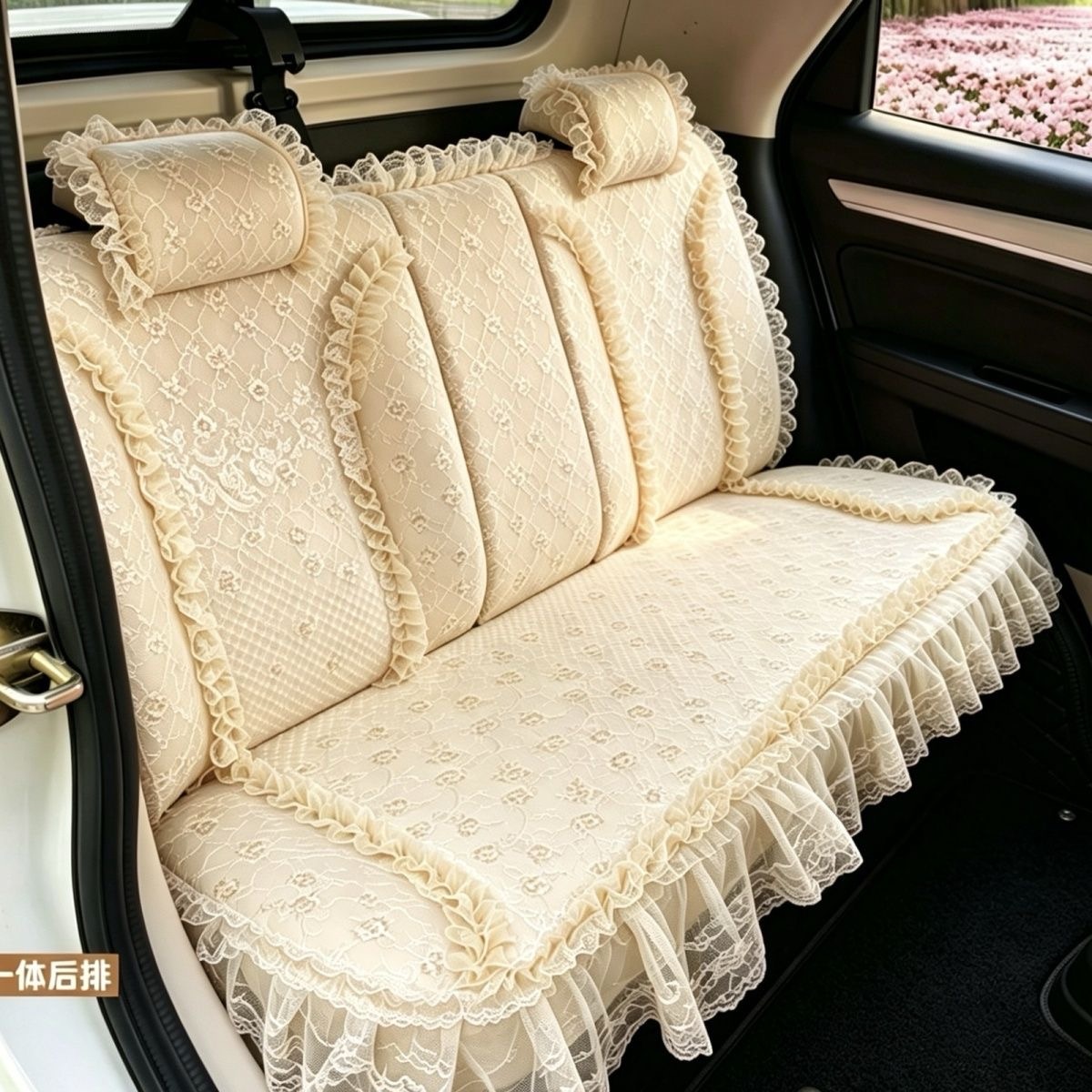 Luxury Universal Countryside lace Flower Car Seat Cover Bud Silk Floral Auto Seat Cushion 9pcs Sets - Beige