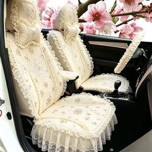 Luxury Universal Countryside lace Flower Car Seat Cover Bud Silk Floral Auto Seat Cushion 9pcs Sets - Beige