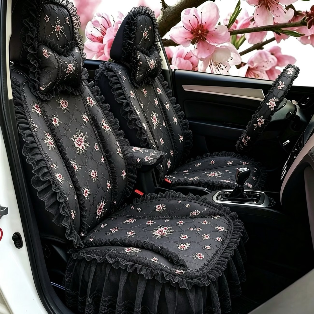 Luxury Universal Countryside lace Flower Car Seat Cover Bud Silk Floral Auto Seat Cushion 9pcs Sets - Black