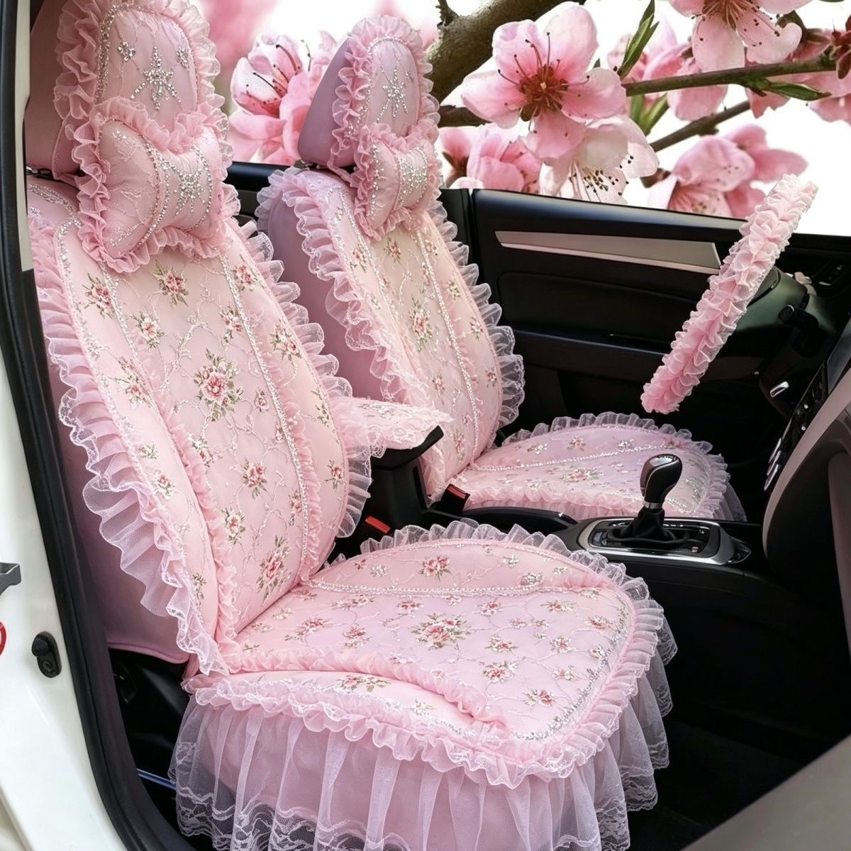 Luxury Universal Countryside lace Flower Car Seat Cover Bud Silk Floral Auto Seat Cushion 9pcs Sets - Pink