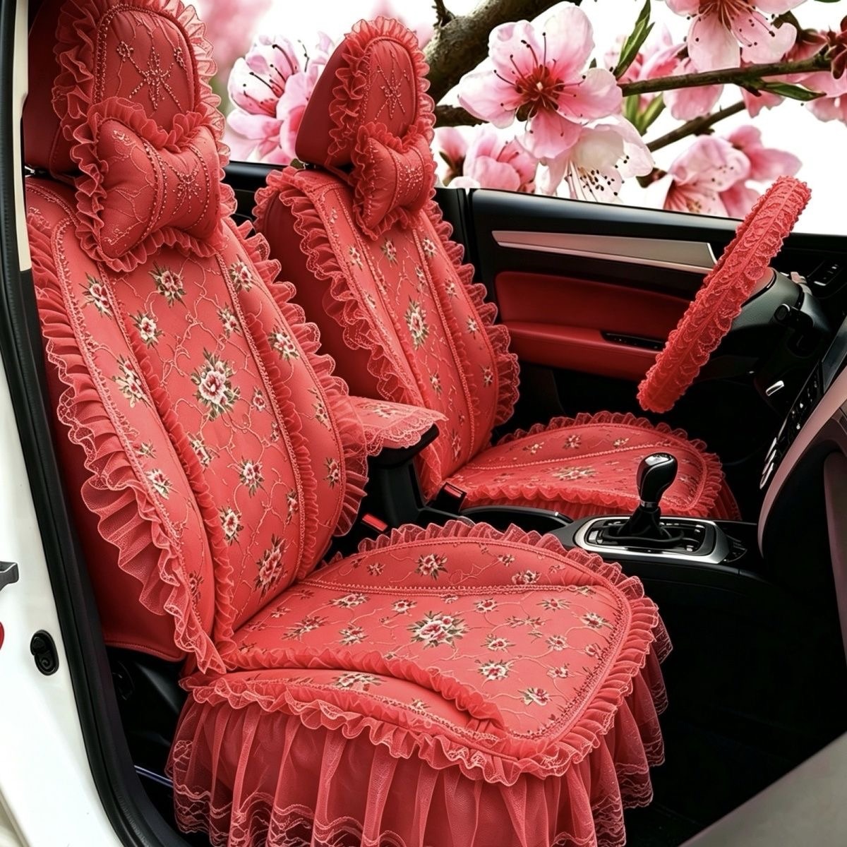 Luxury Universal Countryside lace Flower Car Seat Cover Bud Silk Floral Auto Seat Cushion 9pcs Sets - Red