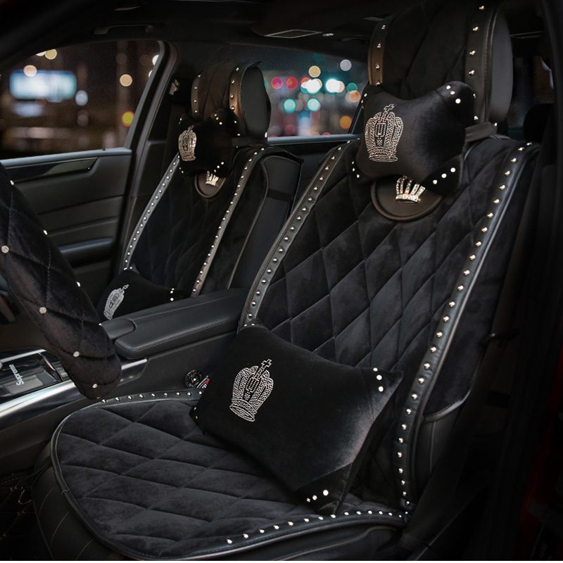 Crown Plush Car Seat Covers Rivet Universal Auto Cushion 1PC Back Cover 2pcs Front Cover With 4 Pillows - Black