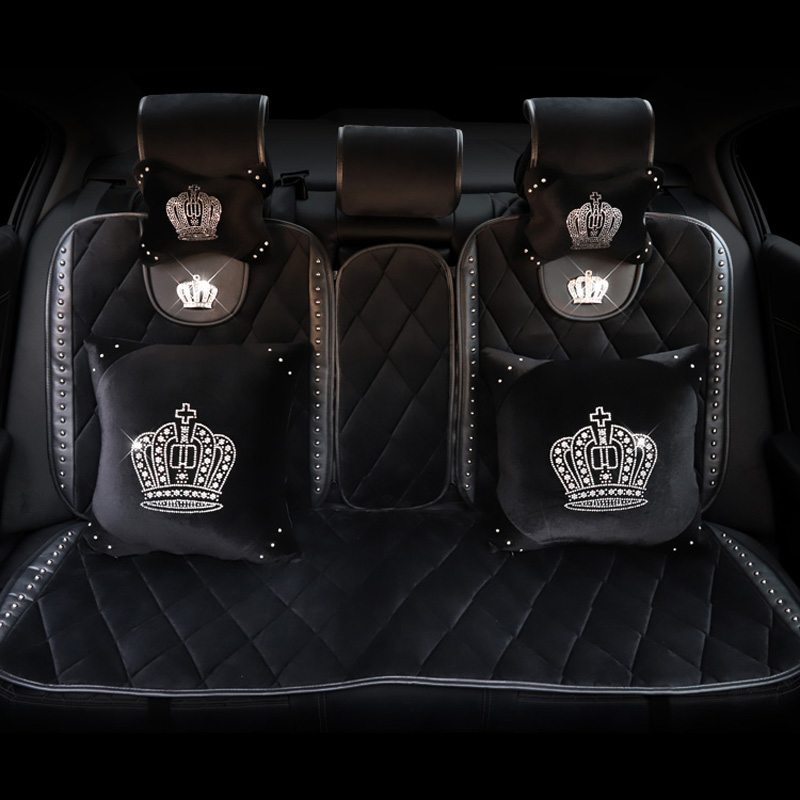 Crown Plush Car Seat Covers Rivet Universal Auto Cushion 1PC Back Cover 2pcs Front Cover With 4 Pillows - Black
