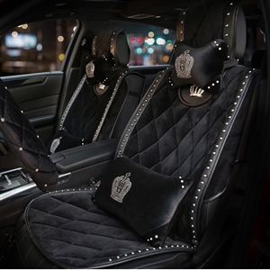 Crown Plush Car Seat Covers Rivet Universal Auto Cushion 1PC Back Cover 2pcs Front Cover With 4 Pillows - Black
