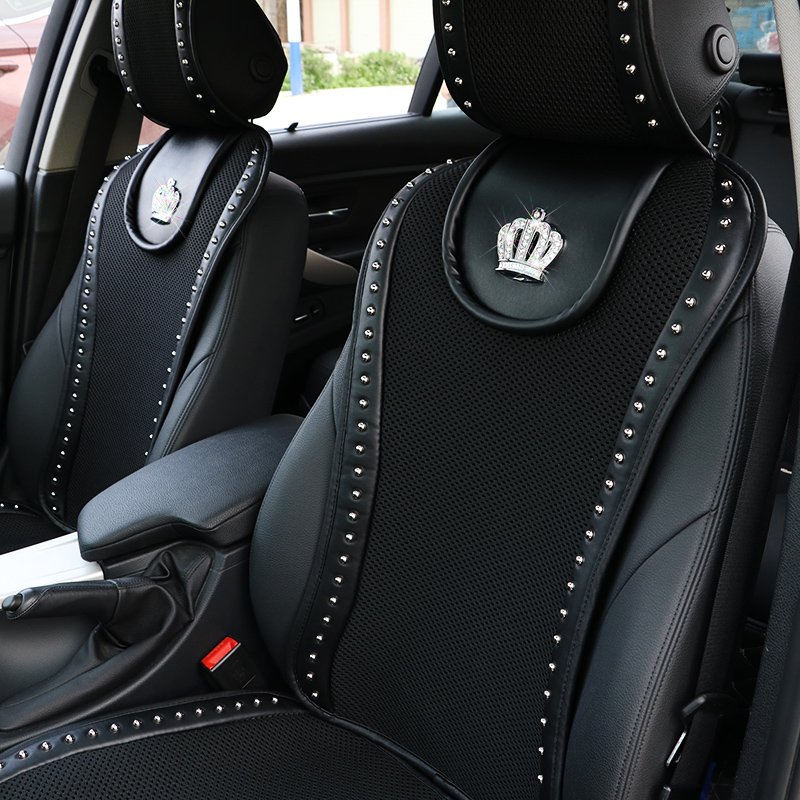 Crown Ice Silk Car Seat Covers Cool Rivet Universal Auto Cushion 2PC Front Cover - Black