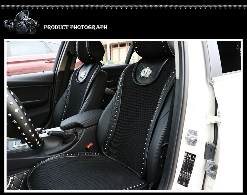 Crown Ice Silk Car Seat Covers Cool Rivet Universal Auto Cushion 2PC Front Cover - Black