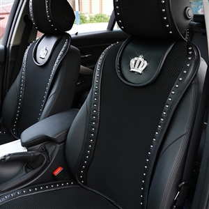 Crown Ice Silk Car Seat Covers Cool Rivet Universal Auto Cushion 1PC Front Cover - Black
