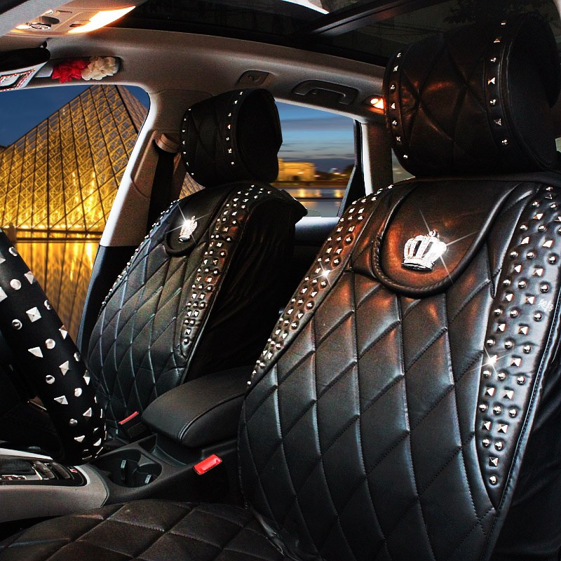 Crown Leather Auto Seat Covers Rivet Universal Auto Cushion 1PC Back Cover 2pcs Front Cover - Black