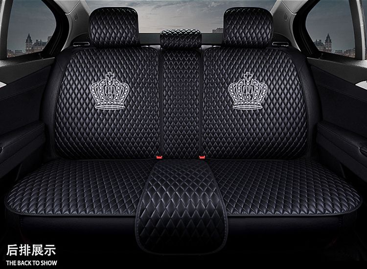 Crown Leather Car Seat Covers Beautiful Universal Auto Cushion 1PC Back Cover 2pcs Front Cover - Black