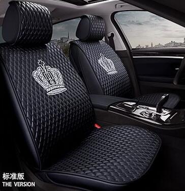 Crown Leather Car Seat Covers Beautiful Universal Auto Cushion 1PC Back Cover 2pcs Front Cover - Black