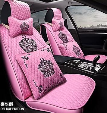 Crown Leather Car Seat Covers Beautiful Universal Auto Seat Cushion 10pcs Sets - Pink