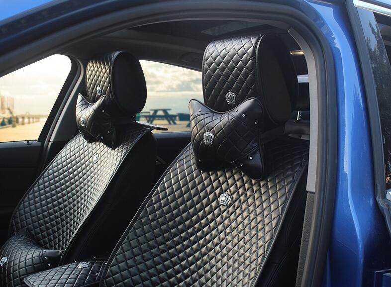 Crown Leather Car Seat Covers Beautiful Universal Auto Seat Cushion 12pcs Sets - Black