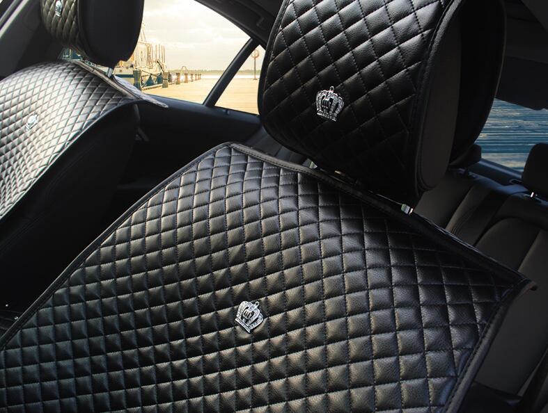 Crown Leather Car Seat Covers Beautiful Universal Auto Seat Cushion 8pcs Sets - Black