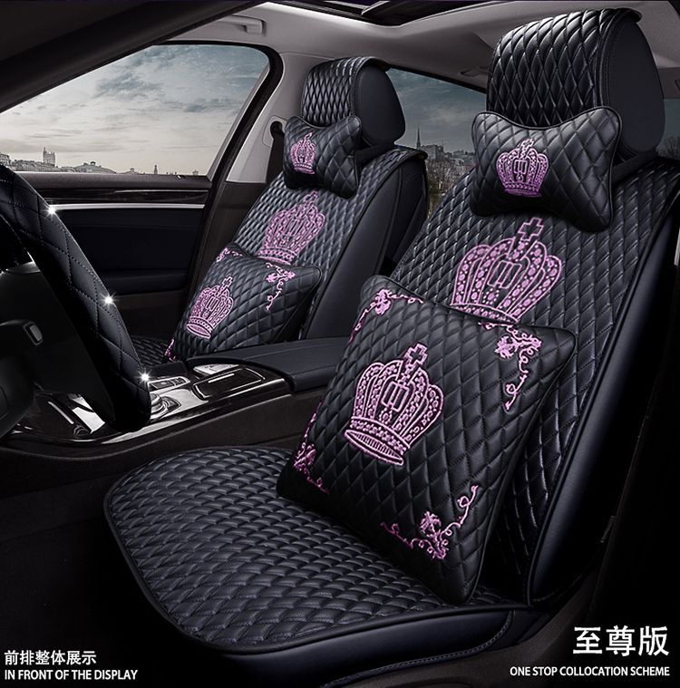 Crown Leather Car Seat Covers Diamonds Universal Auto Seat Cushion 11pcs Sets - Black Pink