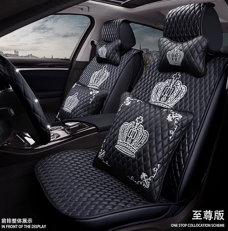 Crown Leather Car Seat Covers Diamonds Universal Auto Seat Cushion 11pcs Sets - Black