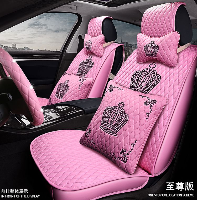 Crown Leather Car Seat Covers Diamonds Universal Auto Seat Cushion 11pcs Sets - Pink