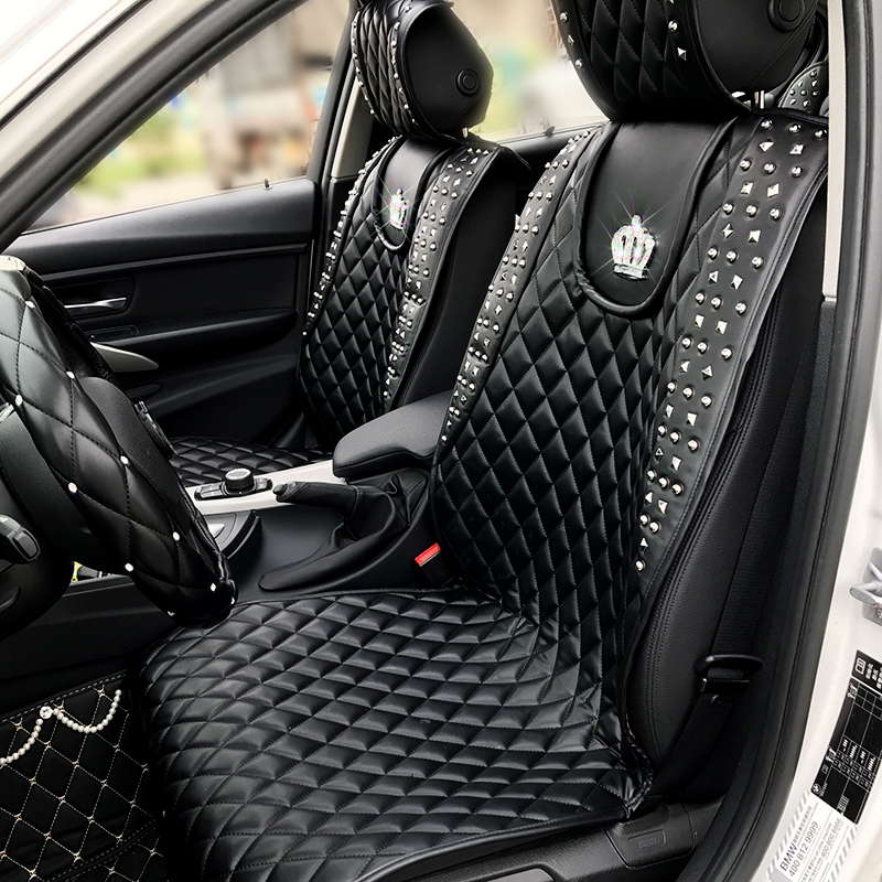 Crown Leather Car Seat Covers Rivet Universal Auto Cushion 1PC Back Cover 2pcs Front Cover - Black