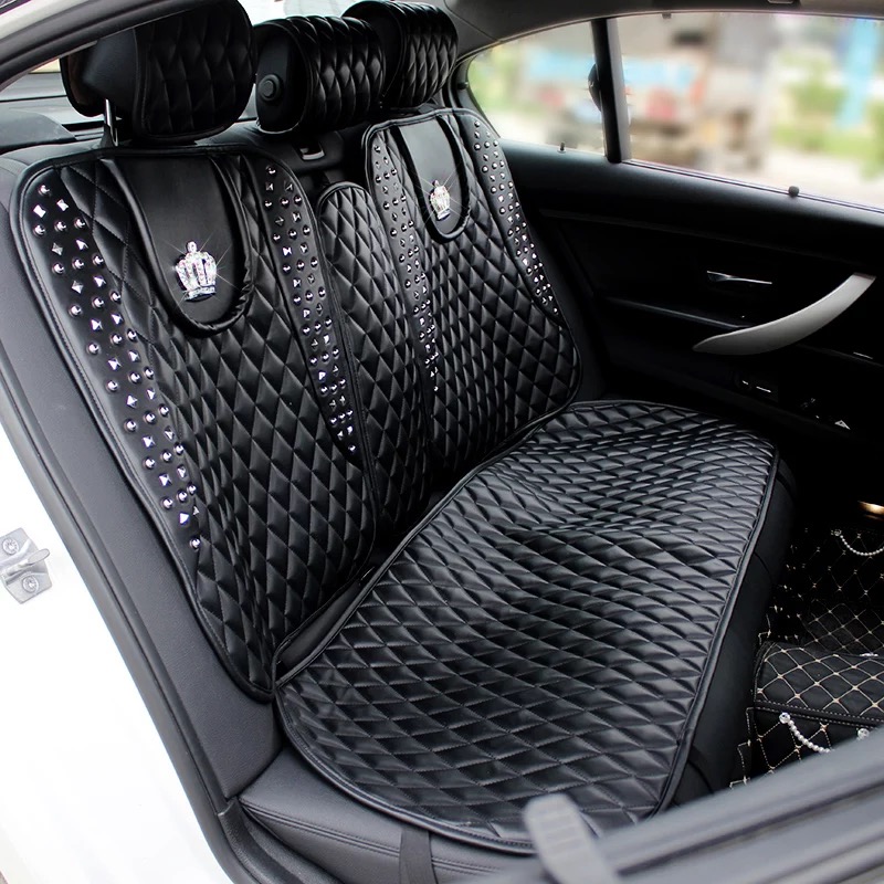 Crown Leather Car Seat Covers Rivet Universal Auto Cushion 1PC Back Cover 2pcs Front Cover - Black