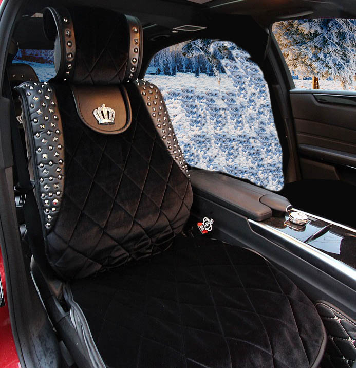 Crown Plush Car Seat Covers Cool Rivet Universal Auto Cushion 1PC Front Cover - Black