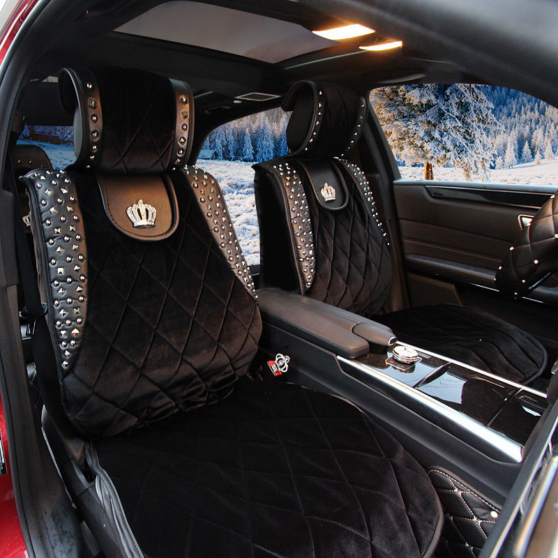 Crown Plush Car Seat Covers Cool Rivet Universal Auto Cushion 2PC Front Cover - Black