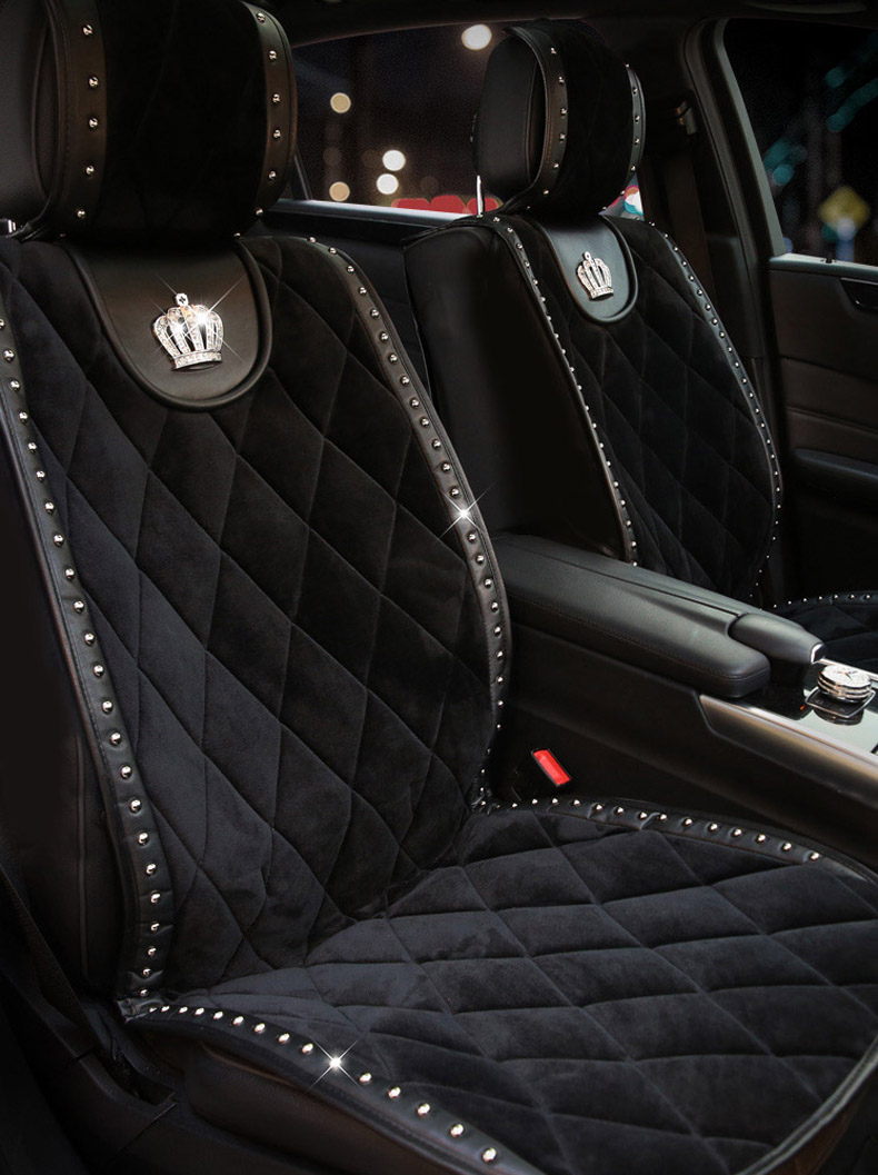 Crown Plush Car Seat Covers Punk Rivet Universal Auto Cushion 2PC Front Cover - Black
