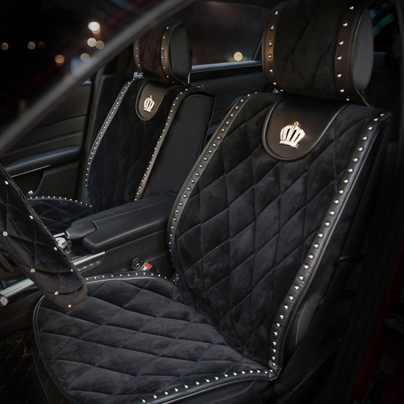 Crown Plush Car Seat Covers Punk Rivet Universal Auto Cushion 2PC Front Cover - Black