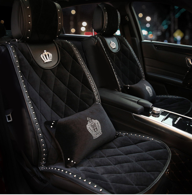 Crown Plush Car Seat Covers Punk Rivet Universal Auto Cushion 2PC Front Cover - Black