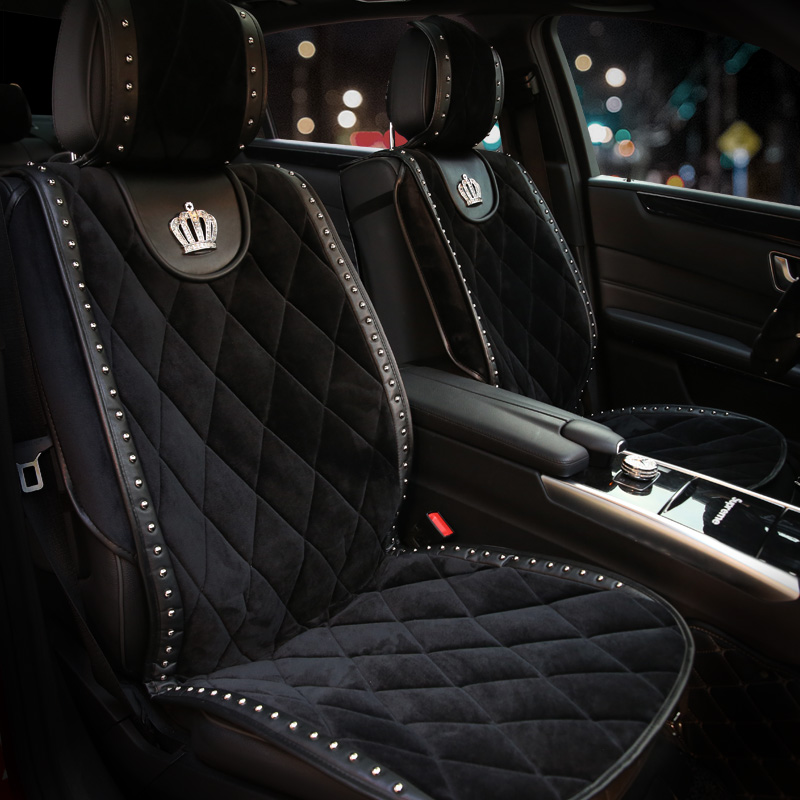 Crown Plush Car Seat Covers Rivet Universal Auto Cushion 1PC Back Cover 2pcs Front Cover - Black