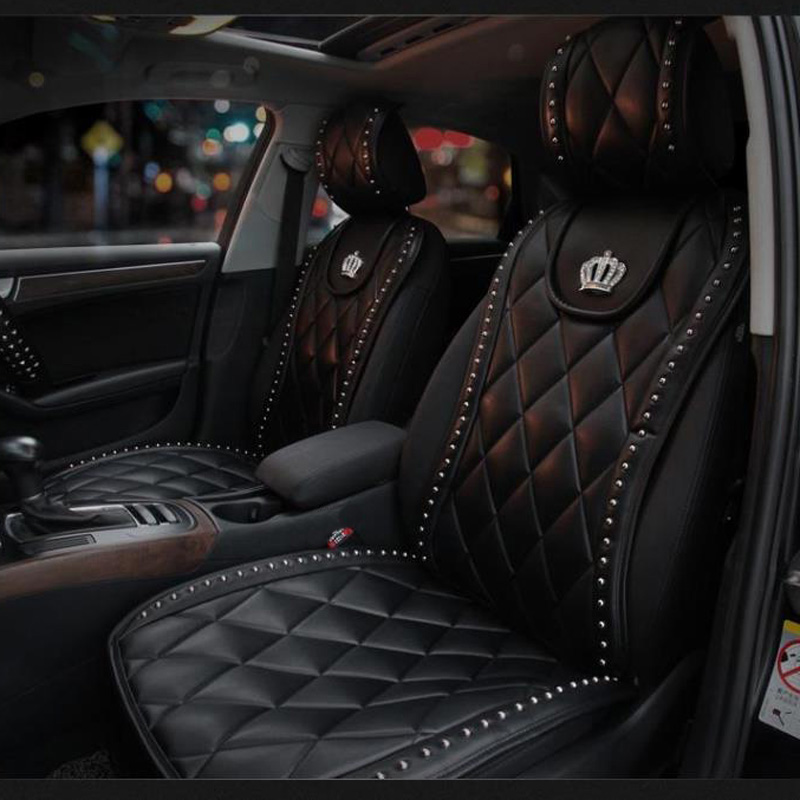 Luxury Crown Rivet Nappa Leather Car Seat Covers Lattice Universal Automobile Seat Cushion 7pcs Sets - Black 2
