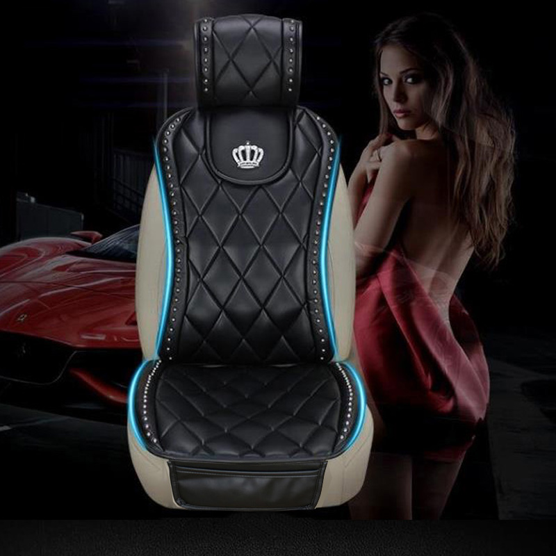 Luxury Crown Rivet Nappa Leather Car Seat Covers Lattice Universal Automobile Seat Cushion 7pcs Sets - Black 2