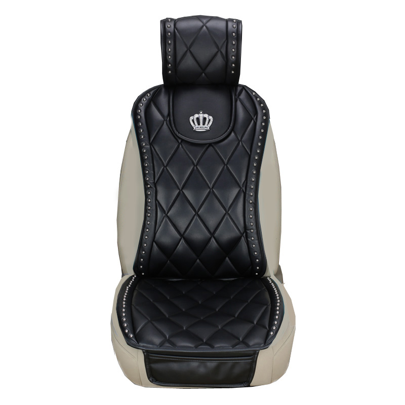 Luxury Crown Rivet Nappa Leather Car Seat Covers Lattice Universal Automobile Seat Cushion 7pcs Sets - Black 2