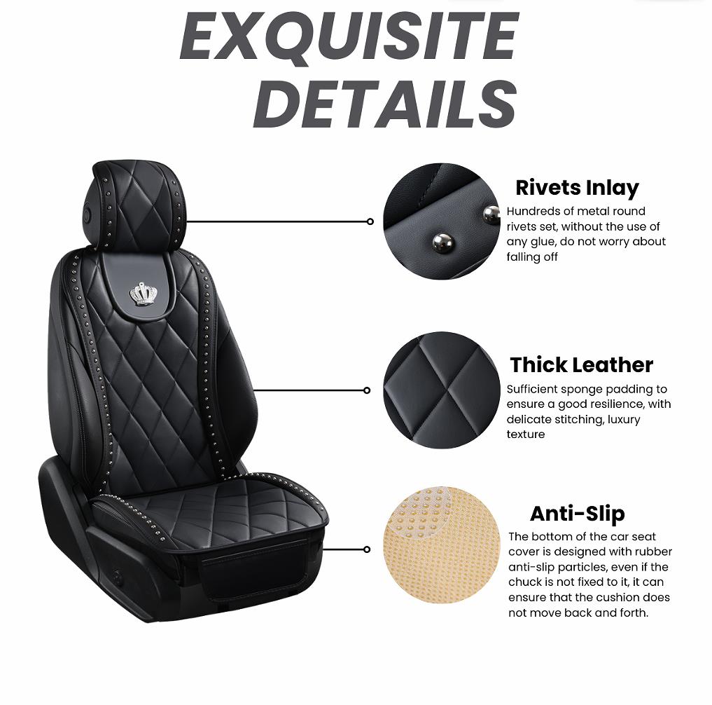 Luxury Crown Rivet Nappa Leather Car Seat Covers Lattice Universal Automobile Seat Cushion 7pcs Sets - Black 2