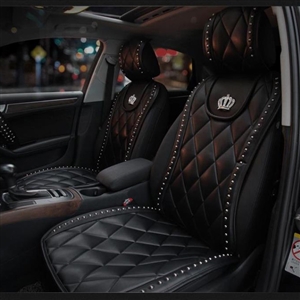 Luxury Crown Rivet Nappa Leather Car Seat Covers Lattice Universal Automobile Seat Cushion 7pcs Sets - Black 2