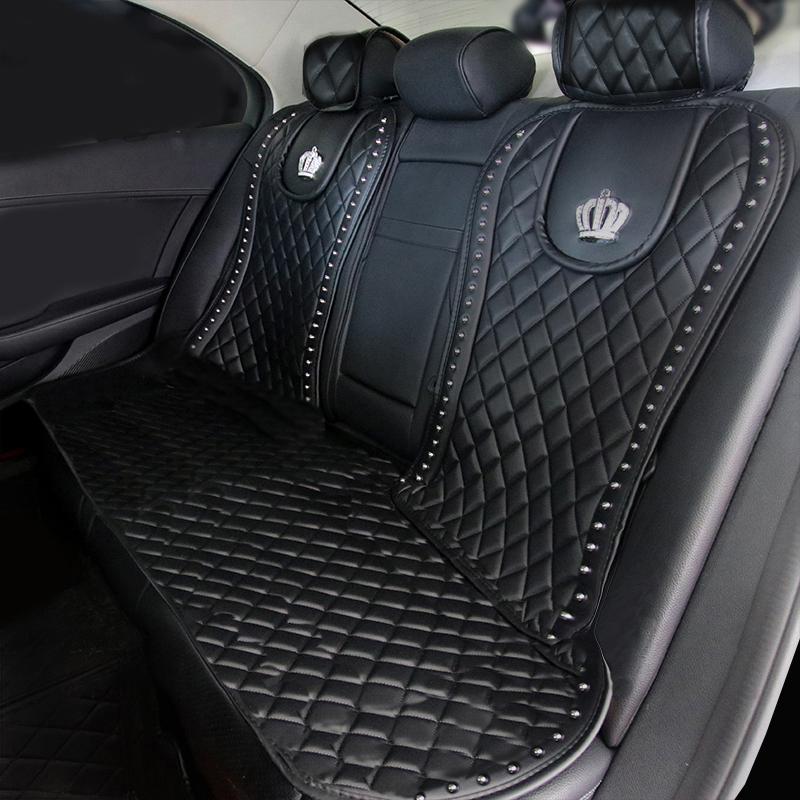 Luxury Crown Rivet Nappa Leather Car Seat Covers Lattice Universal Automobile Seat Cushion 7pcs Sets - Black