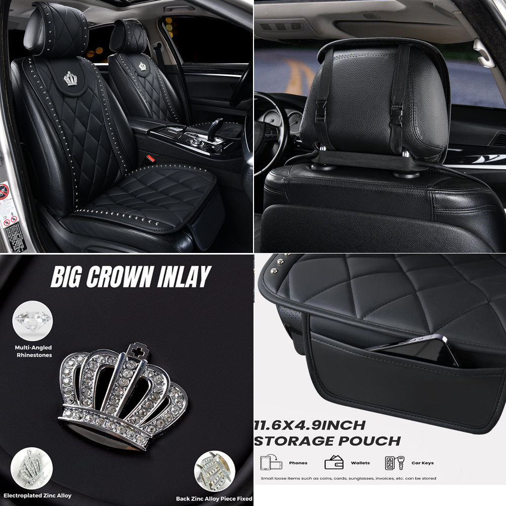 Luxury Crown Rivet Nappa Leather Car Seat Covers Lattice Universal Automobile Seat Cushion 7pcs Sets - Black