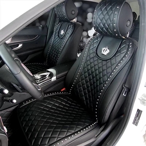 Luxury Crown Rivet Nappa Leather Car Seat Covers Lattice Universal Automobile Seat Cushion 7pcs Sets - Black