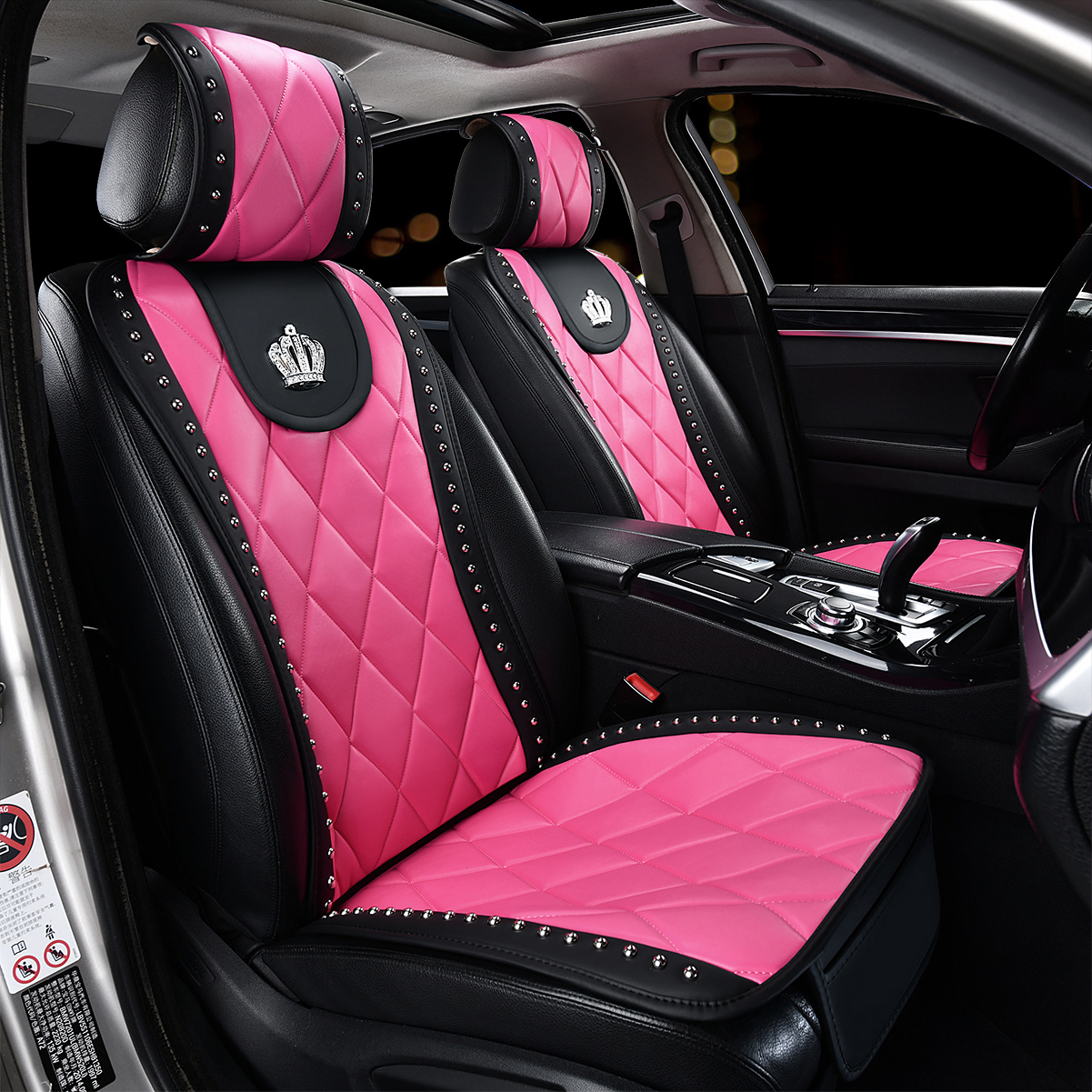 Luxury Crown Rivet Nappa Leather Car Seat Covers Lattice Universal Automobile Seat Cushion 7pcs Sets - Rose