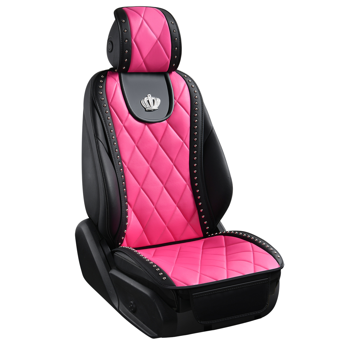 Luxury Crown Rivet Nappa Leather Car Seat Covers Lattice Universal Automobile Seat Cushion 7pcs Sets - Rose