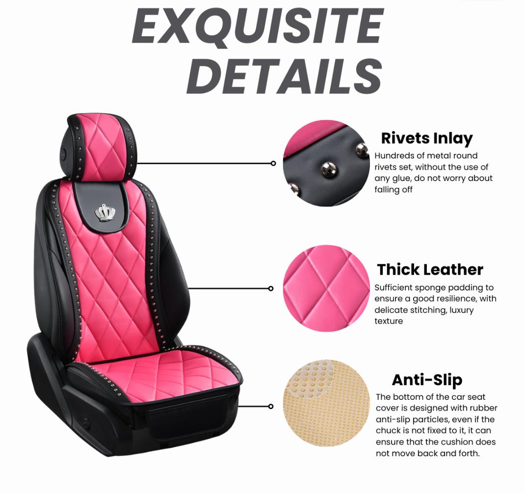Luxury Crown Rivet Nappa Leather Car Seat Covers Lattice Universal Automobile Seat Cushion 7pcs Sets - Rose