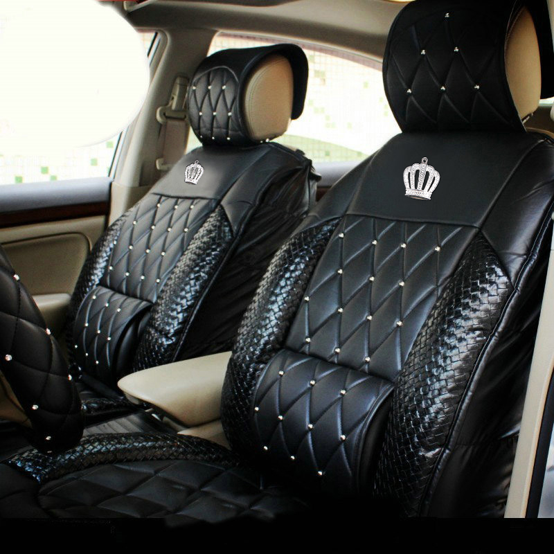 Luxury Crystal Crown Universal Automobile Leather Car Seat Cover Cushion 10pcs Sets - Black